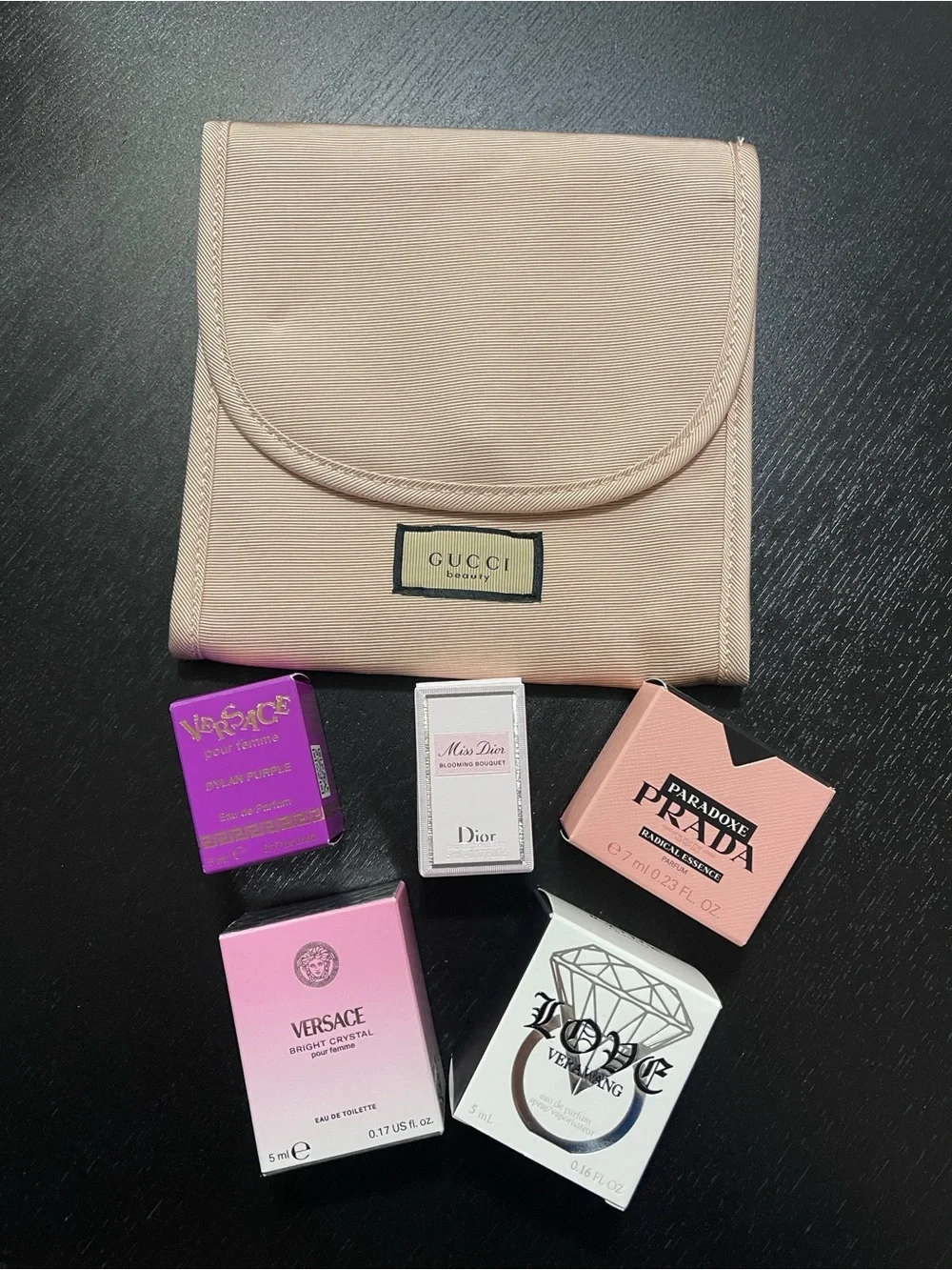 Pink Travel Makeup Pouch with Assorted Mini Fragrance Samples